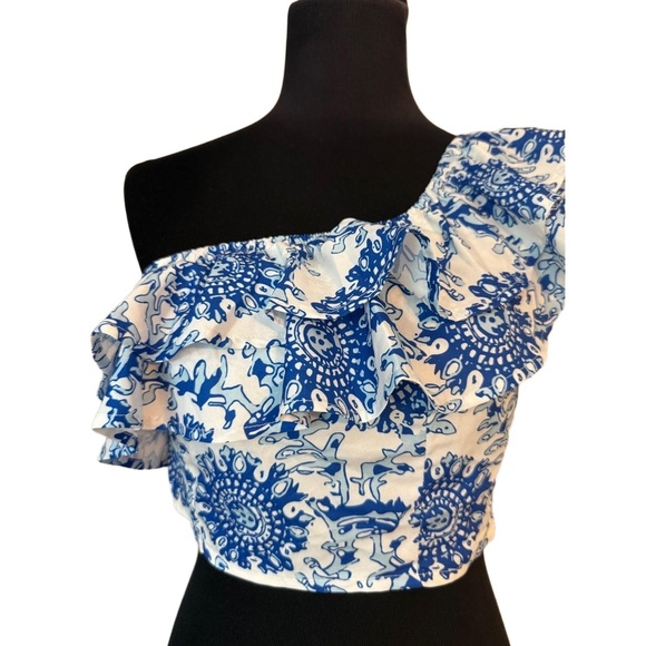 NWT SHEIN Womens Size L Blue White One Shoulder Ruffle Crop Top Floral Chic - Picture 3 of 6